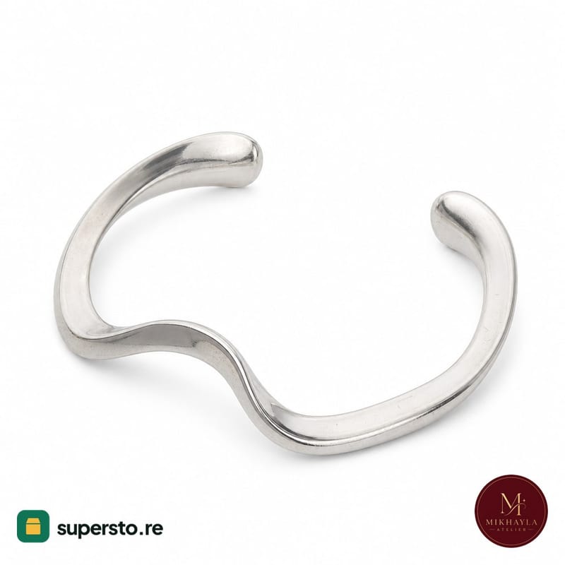Gelang cuff perak bergelombang wave minimalis open cuff wanita elegan fashion