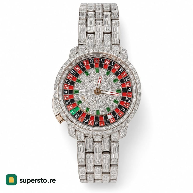 Silver wristwatch with full baguette stones and roulette dial