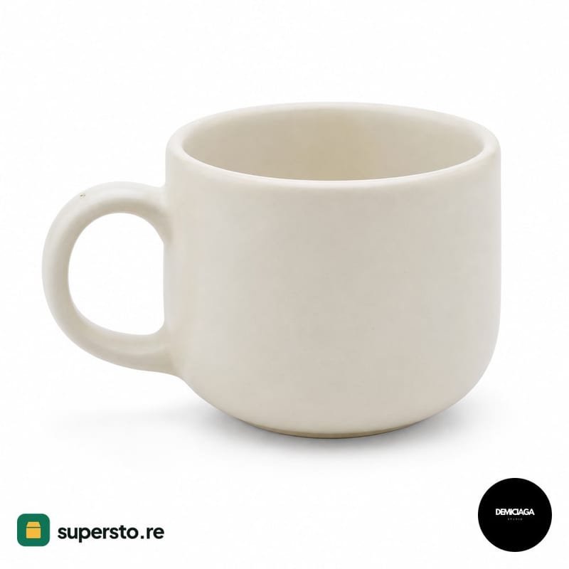 Ceramic Coffee & Tea Cup, Cream Matte with Comfortable Round-Handle (New)