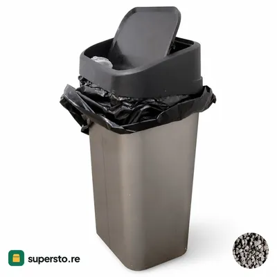 Plastic swing-top waste bin — tall rectangular grey body, black lid