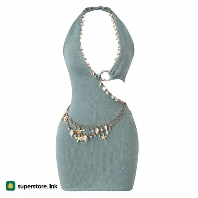 Mini halter bodycon dress in teal knit with waist cut-out