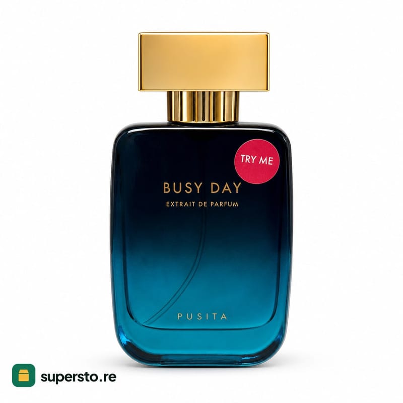 parfum busy day 50 ml extrait de parfum botol kaca biru kehijauan tutup emas