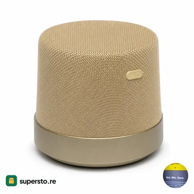 Momax portable speaker — gold mesh and plastic, small cylindrical