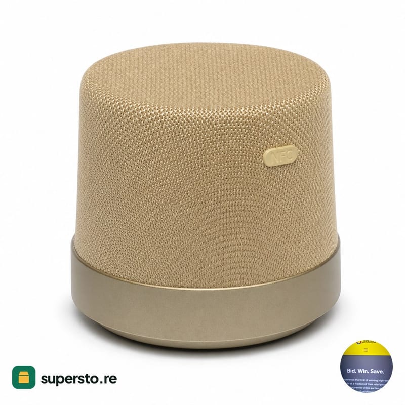 Momax portable speaker — gold mesh and plastic, small cylindrical