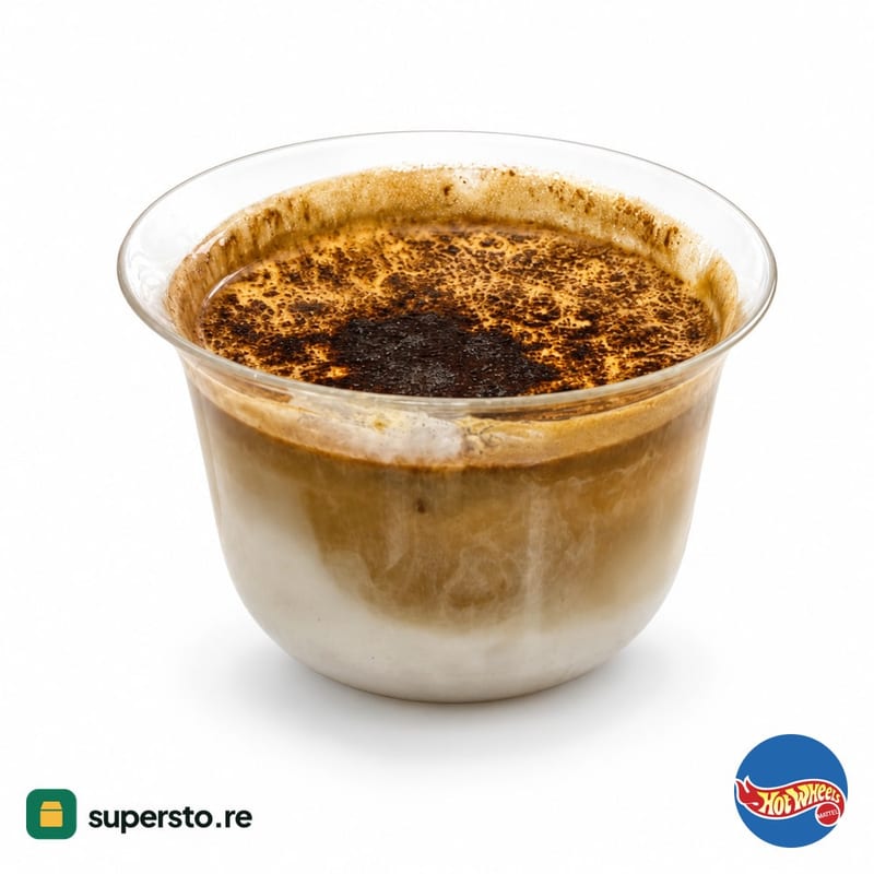 Iced latte layered white milk and brown coffee with burnt caramel top