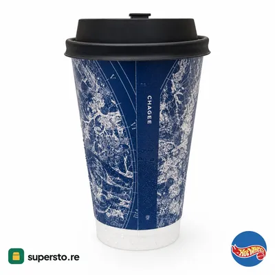 Paper takeaway coffee cup with black plastic lid and dark blue CHAGEE design
