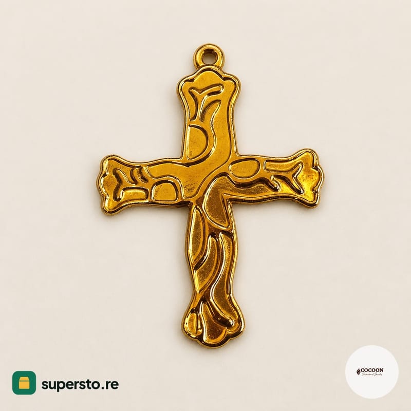 Cross charm, small flat gold-tone charm with raised ornament