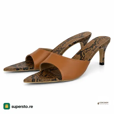 Brown mule heels with snake-print insole and slim stiletto heel