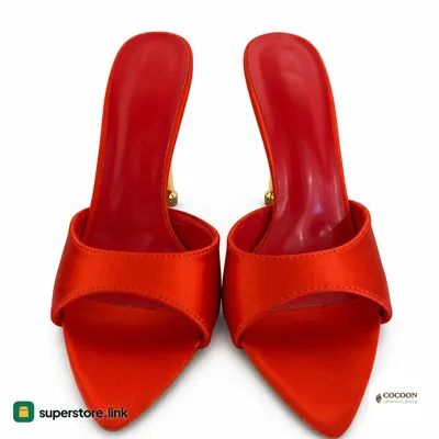 Women's slip-on stiletto heels — red pointed open-toe with gold heel