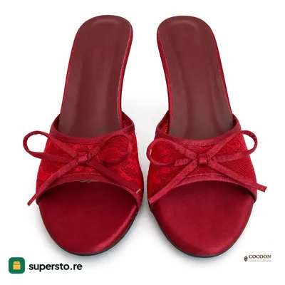 Mule heels in red lace with decorative bow, mid heel open toe
