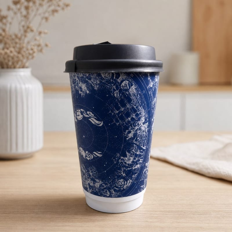 Tea cup tutup hitam| gelas teh travel paper cup biru motif bekas - cup kopi